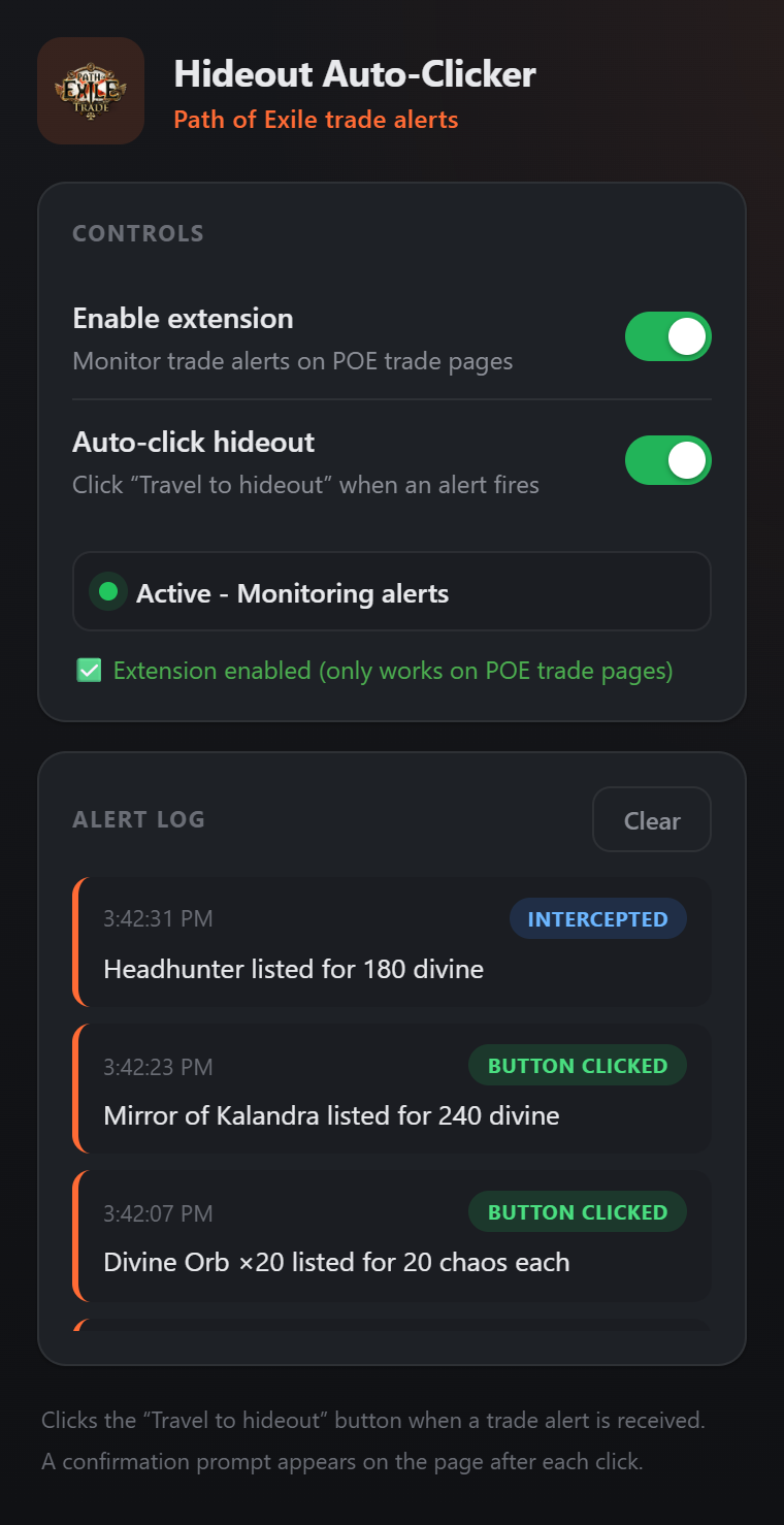 Extensie-popup met toggles, status en alert-log